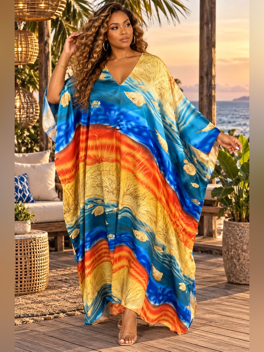 Resort V-Neck Multicolor Satin Caftan